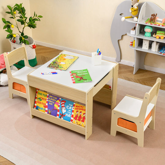 4 in 1 Kids Table and Chair Set with Reversible Graffiti and Building Blocks Tabletop