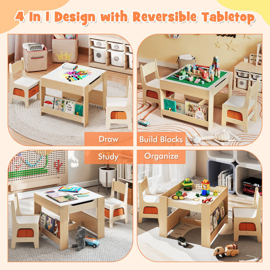 4 in 1 Kids Table and Chair Set with Reversible Graffiti and Building Blocks Tabletop