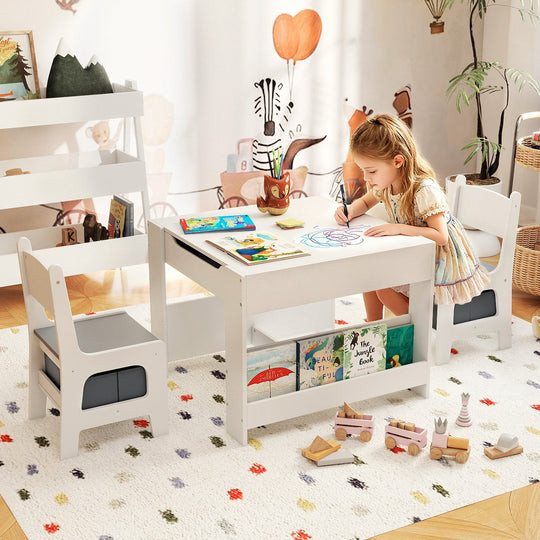 4 in 1 Kids Table and Chair Set with Reversible Graffiti and Building Blocks Tabletop
