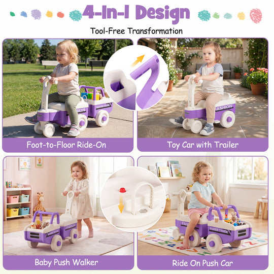 4-in-1 Ride On Push Car with Music and Storage
