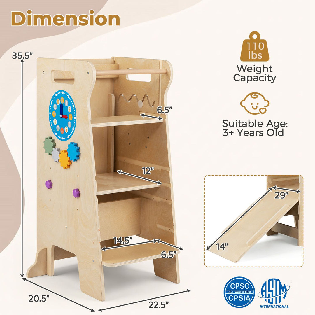 4-in-1 Toddler Tower with Chalkboard Slide and Montessori Games