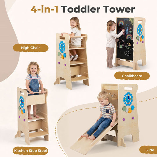 4-in-1 Toddler Tower with Chalkboard Slide and Montessori Games