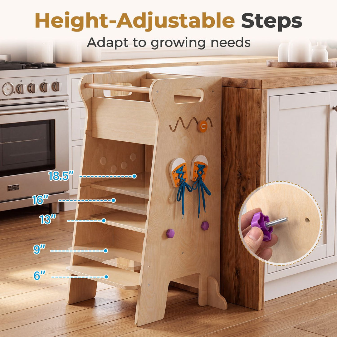 4-in-1 Toddler Tower with Chalkboard Slide and Montessori Games