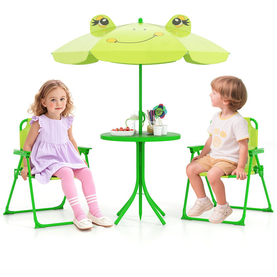 4 Pieces Kids Picnic Set with 2 Folding Chairs and Height Adjustable Umbrella-Light Green