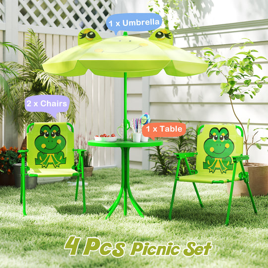 4 Pieces Kids Picnic Set with 2 Folding Chairs and Height Adjustable Umbrella-Light Green