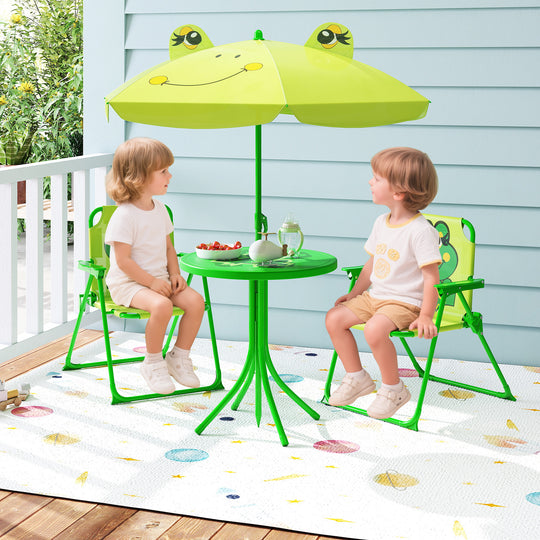 4 Pieces Kids Picnic Set with 2 Folding Chairs and Height Adjustable Umbrella-Light Green
