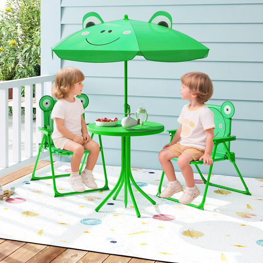 4 Pieces Kids Picnic Set with 2 Folding Chairs and Height Adjustable Umbrella-Green