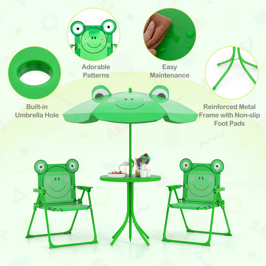 4 Pieces Kids Picnic Set with 2 Folding Chairs and Height Adjustable Umbrella-Green