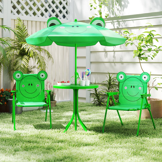 4 Pieces Kids Picnic Set with 2 Folding Chairs and Height Adjustable Umbrella-Green