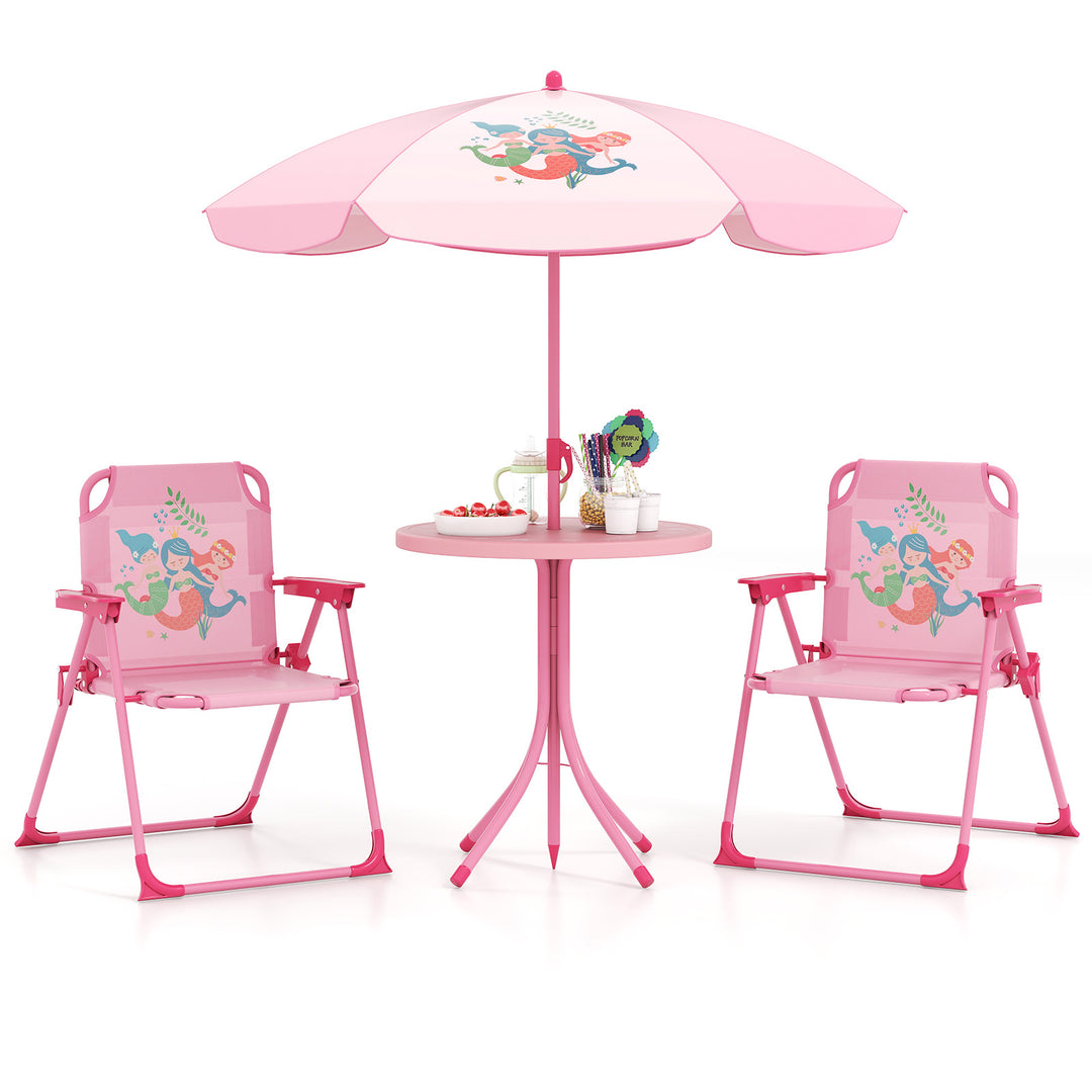 4 Pieces Kids Picnic Set with 2 Folding Chairs and Height Adjustable Umbrella-Pink