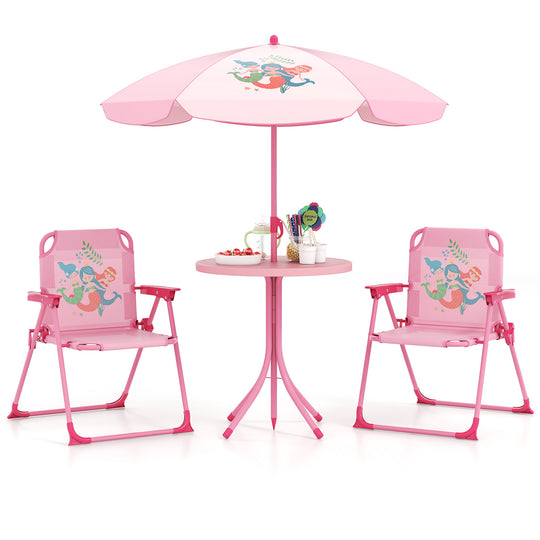 4 Pieces Kids Picnic Set with 2 Folding Chairs and Height Adjustable Umbrella-Pink