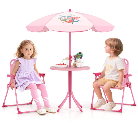 4 Pieces Kids Picnic Set with 2 Folding Chairs and Height Adjustable Umbrella-Pink