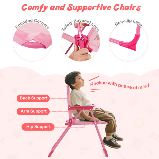 4 Pieces Kids Picnic Set with 2 Folding Chairs and Height Adjustable Umbrella-Pink