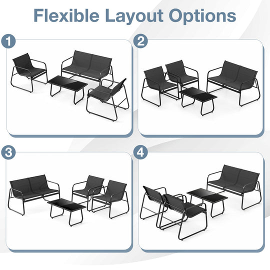 4 Pieces Patio Furniture Set Fabric Lawn Chairs and Loveseat with Glass Coffee Table