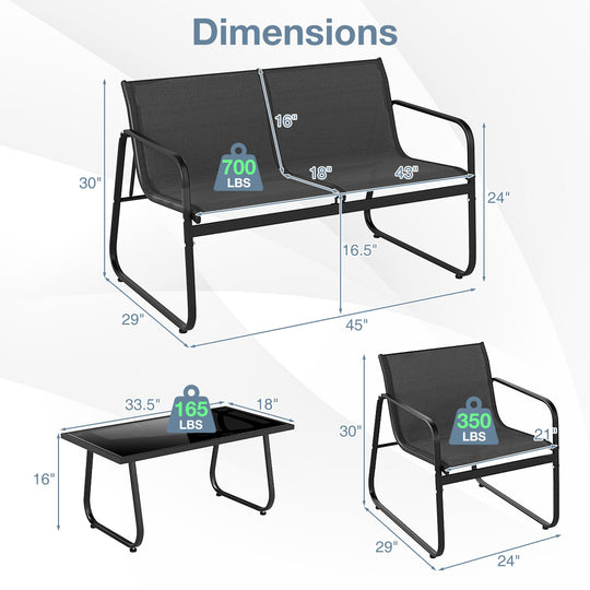 4 Pieces Patio Furniture Set Fabric Lawn Chairs and Loveseat with Glass Coffee Table