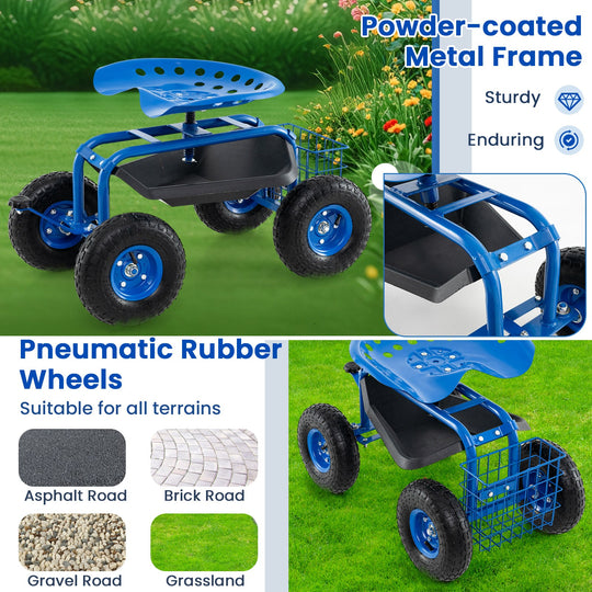 4-Wheel Rolling Garden Cart Work Seat