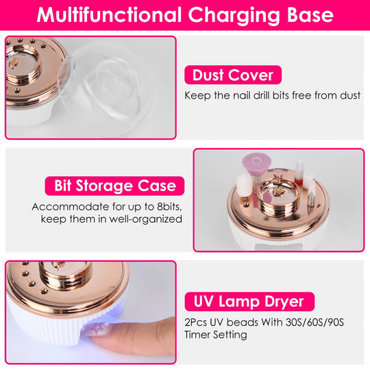 Portable Cordless Electric Nail Drill Kit Charging Base With UV Nail Dryer 6Pcs Nail Drill Bits 5Speeds Direction Control Timer Setting For Acrylic Ge