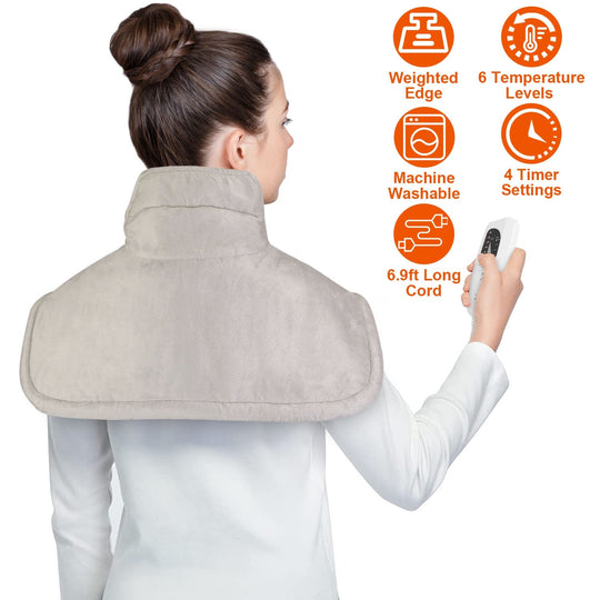 22.4x16.3in Large Weighted Heating Pad for Neck and Shoulders Electric Fast Heating Mat Neck Wrap Cushion Pain Relief with 6 Temperature Settings 4 Ti