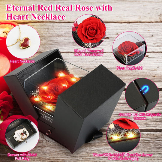 Preserved Red Real Rose with Heart Necklace Eternal Flowers Rose with Golden Necklace Gifts for Women Mom Wife Girlfriend Grandma on Valentine Mother