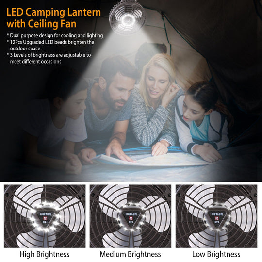 10400mah Portable Camping Fan with LED Light Rechargeable Tripod Tent Hanging Fan Lantern Portable Foldable Oscillating Table Fan with 3 Brightness 4