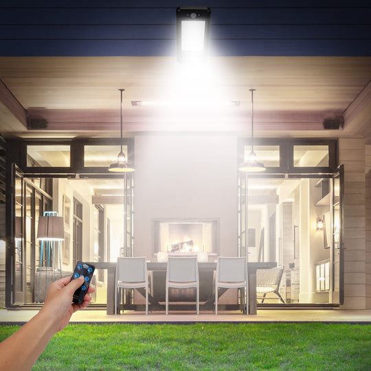 Solar Wall Light Outdoor 60LEDs PIR Motion Sensor Remote Control Wireless Lamps IP65 Waterproof Lighting for Garage Front Door Garden Pathway