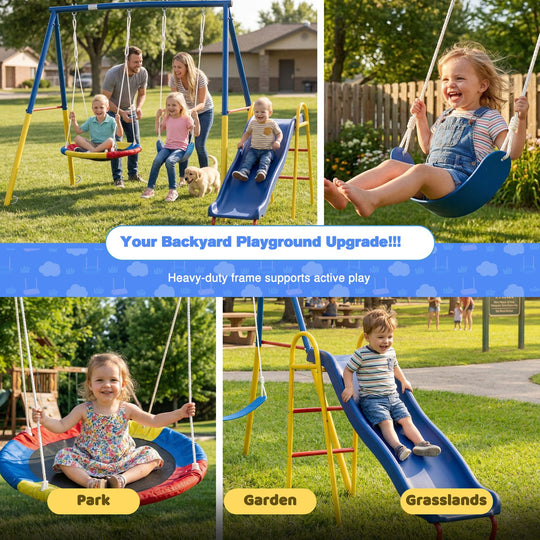 3 in 1 Swing Set with Slide for Backyard, Outdoor Playground Set with 33 Inch Saucer Swing, Belt Swing and Kids Slide, H