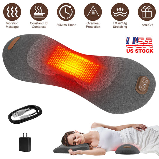3 In 1 Electric Lumbar Massager Support Pillow Plug-in Memory Foam Lower Back Massager with Heat Vibration Airbag Stretching Adapter for Pain Relief