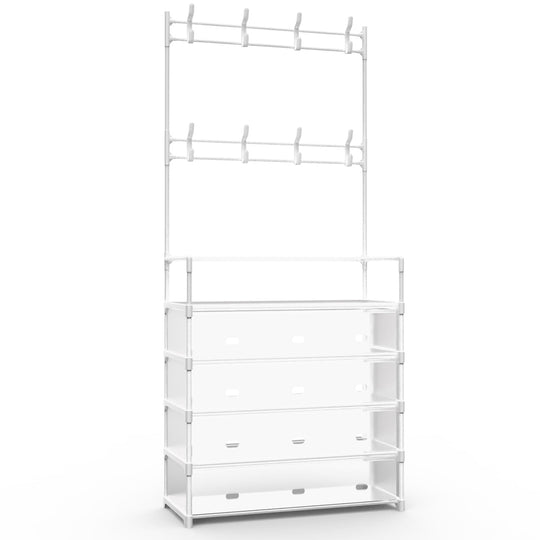 5-Tier Dustproof Entryway Hall Tree Coat Rack Shoe Rack With 8 Removable Hooks Freestanding Shoe Storage Shelf Hat Clothes Organizer For Front Door Be