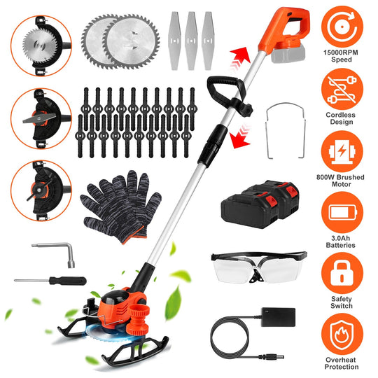 Cordless Grass Trimmer With Wheels 2Pcs 3.0Ah Batteries Rechargeable Handhold Lawn Mower With 3 Types of Blades Head Angle Adjustable Lightweight for