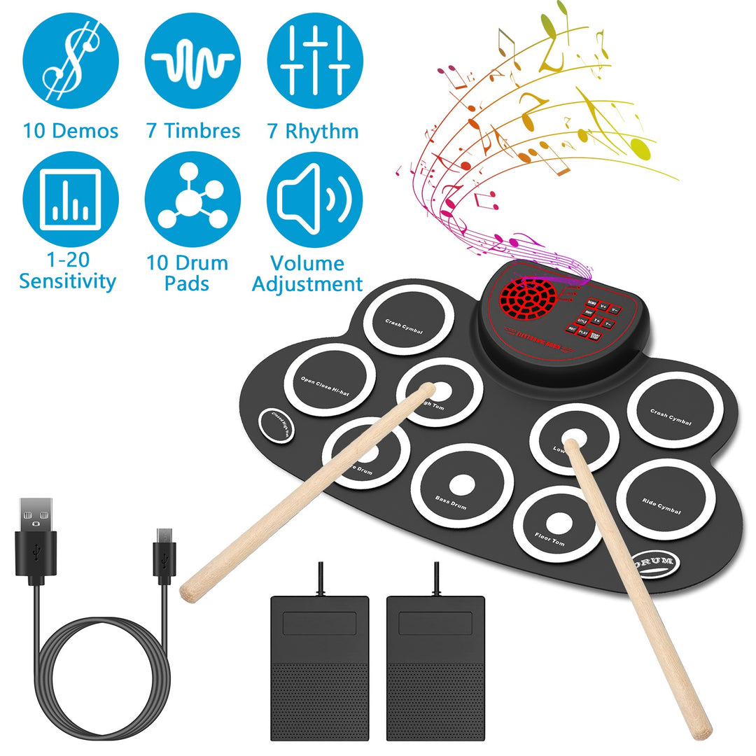 10 Pads Electric Drum Set Foldable 10-Drum Silicon Drum Kit Foldable Electronic Drum Pad Machine with Drum Sticks Headphone Jack Speaker Battery Dual-