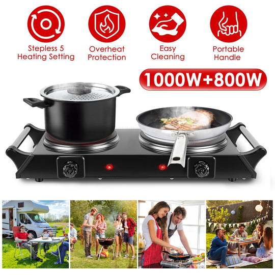 1800W Electric Double Burner Portable Heating Hot Plate Stove Countertop RV Hotplate with 5 Temperature Stepless Adjustments Portable Handles