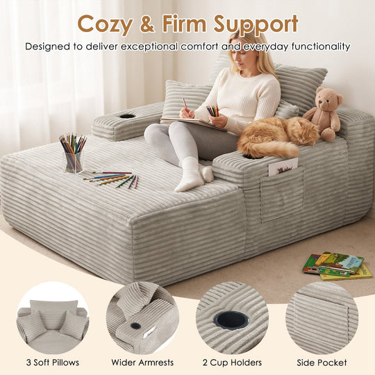 Convertible Chaise Lounge Sleeper Sofa with Cup Holders & Pillows