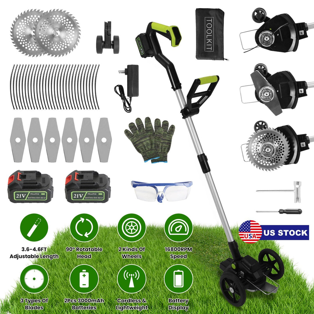 21V Electric Weed Edger Cordless String Trimmer Grass Mower Eater Bush Cutter with 16800RPM 2x 3000mAh Batteries 3.6-4.6FT Length 90¡ Rotatable Angle