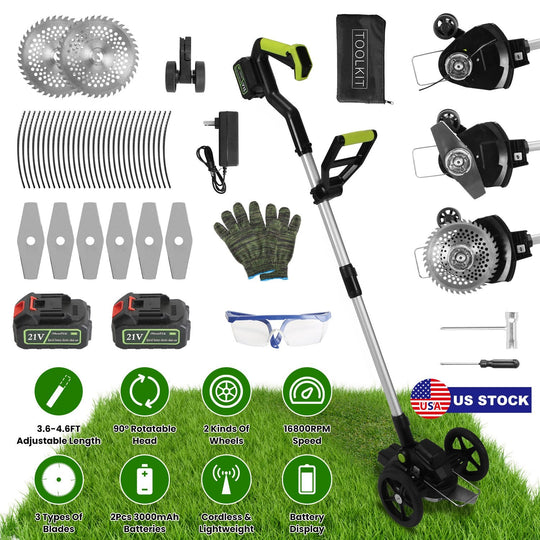 21V Electric Weed Edger Cordless String Trimmer Grass Mower Eater Bush Cutter with 16800RPM 2x 3000mAh Batteries 3.6-4.6FT Length 90¡ Rotatable Angle