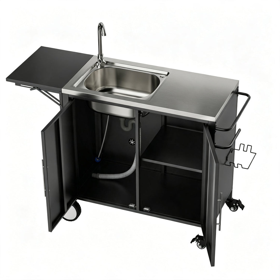 Outdoor Grill Cart with Sink, Storage & Fold-Down Side Table