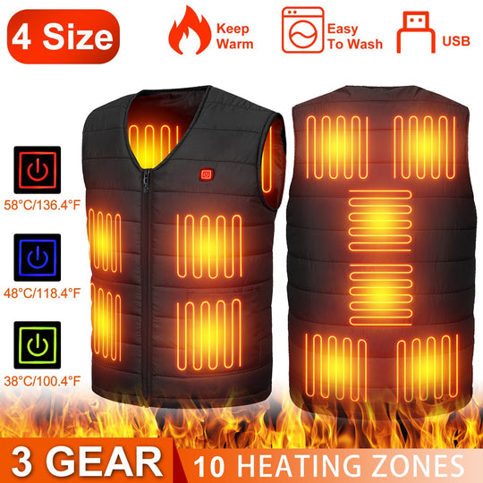 Heat Jacket Vest 3 Heating Gear Adjustable USB Heated Vest Warm Heat Coat Vest with 10 Heating Pads For Men Women Winter Outdoor Activity