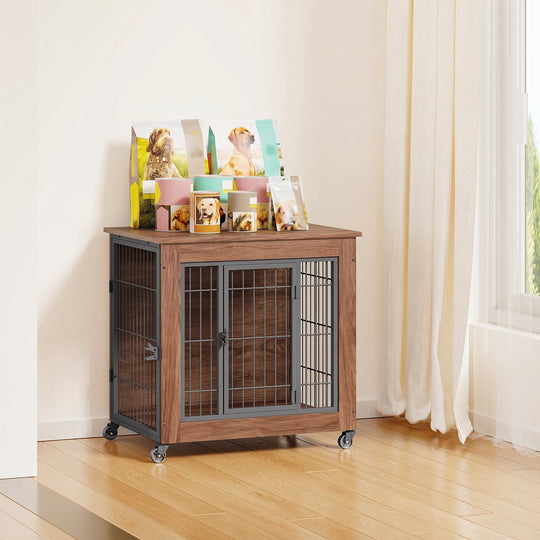 Dog Crate Furniture with Lockable Wheels & Dual Doors