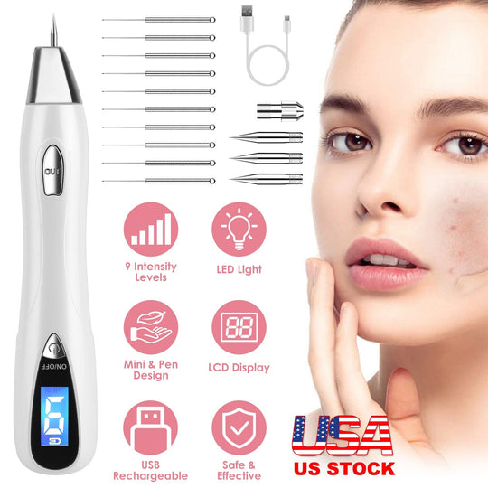 Skin Tag Remover Skin Tag Repair Kit Tattoo Freckle Wart Mole Remover Pen with 9 Intensity Levels 10 Fine Needles 3 Coarse Needles