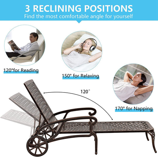 Aluminum Lounge Chair with Wheels & 3-Position Reclining Backrest