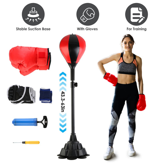 Punching Bag with Stand Free Standing Boxing Ball for Adults 43.3-63in Height Adjustable Boxing Bag with Gloves Wrist Sleeves Stable Suction Base for