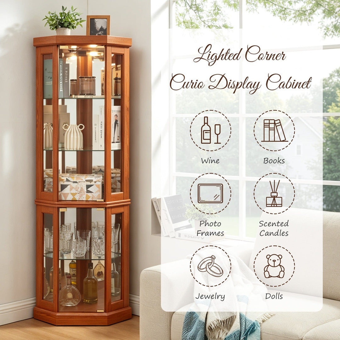 5-Tier Lighted Corner Curio Cabinet with Adjustable Glass Shelves