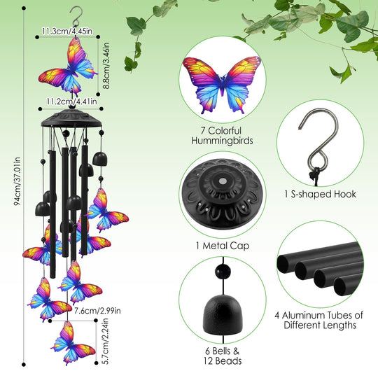 Metal Wind Chimes with Aluminum Tubes - Butterfly & Hummingbird