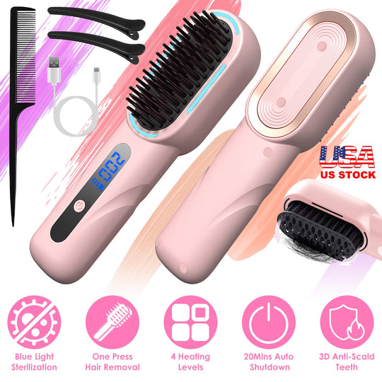 Cordless Hair Straightener Brush Rechargeable Mini Styling Comb with 4 Heating Levels Blue Light Sterilization Single press Stray Hair Removal 20Mins