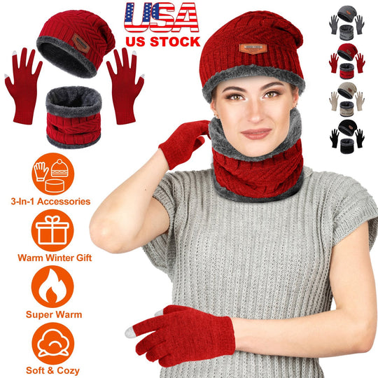 Winter Knitted Hat Scarf Gloves 3Pcs Winter Warm Beanie and Touch Screen Gloves Scarf Set Knit Beanie Skull Cap Neck Warmer Mittens for Men Women