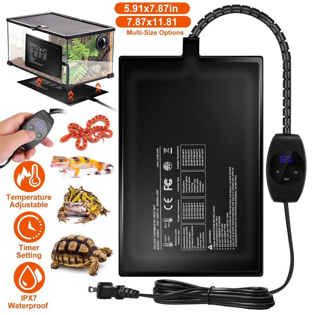 Electric Reptile Heating Pad With 32-122¡F Temperature Adjustment IPX7 Waterproof Timer Setting Under Tank Heating Mat for Lizards Turtles Snake Spide