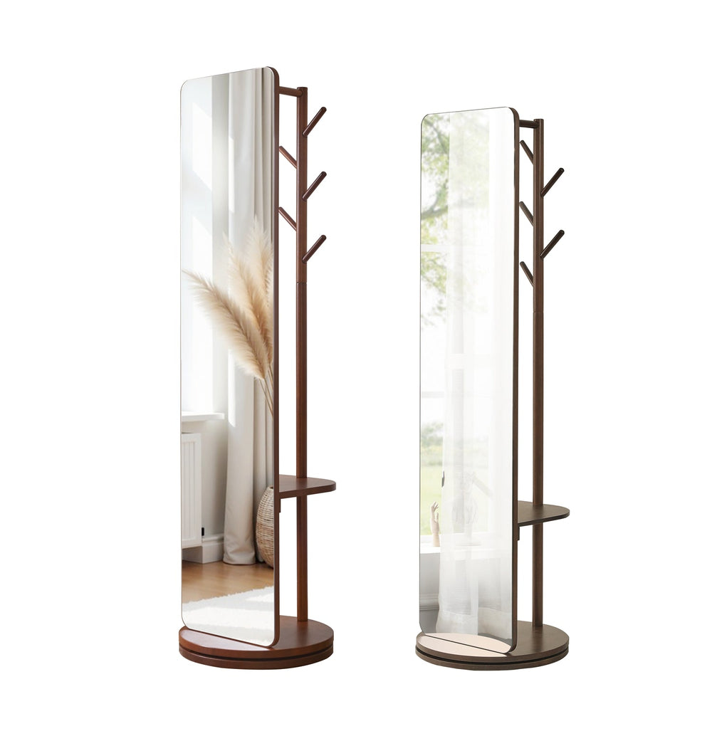 Full Length Rotating Mirror with Coat Rack & Storage Shelf