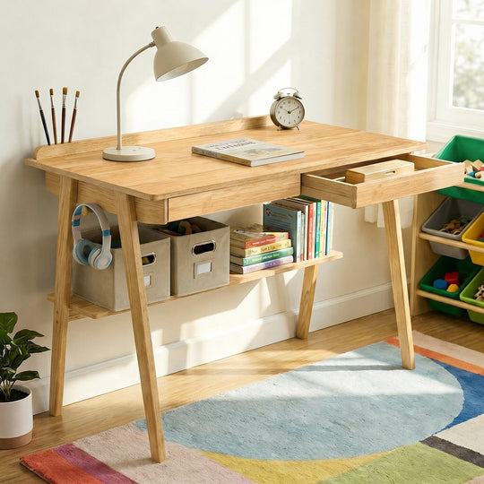 Solid Wood Writing Desk, Home Office Desk with 2 Drawers & Storage Shelf, 47.24-Inch Mid Century Modern Computer Desk wi