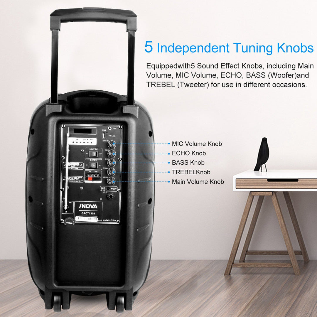 KOCASO Wireless Speaker Portable PA Karaoke System with 12" Subwoofer FM Radio Wired Microphone w/ DJ Lights FM Remote Control