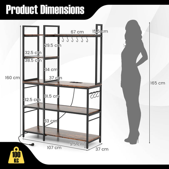 5-Tier Bakers Rack with Power Outlets and 10 S-Shaped Hooks