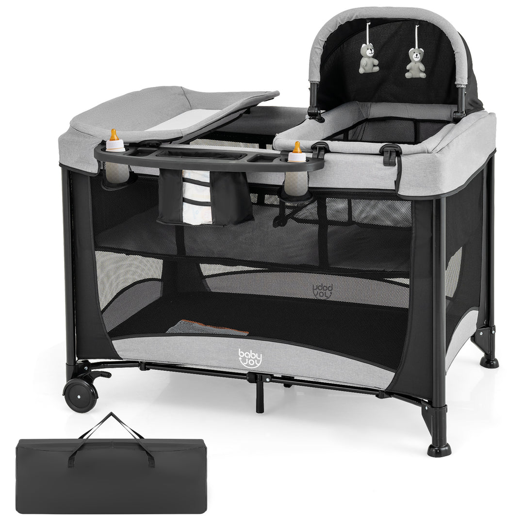 5-in-1 Portable Baby Playard with Cradle and Storage Basket-Black